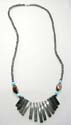 Multi short cylinder shape hematite beads forming fashion hematite necklace motif multi flat rectangular pendant with 4 blue cat's eye