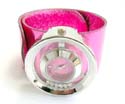 Slap bracelet fashion bangle watch motif double circular clock face with pink color and moveable cz design