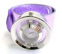 Slap bracelet fashion bangle watch motif double circular clock face with purple color and moveable cz design