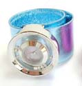 Slap bracelet fashion bangle watch motif circular clock face with blue color and moveable cz design