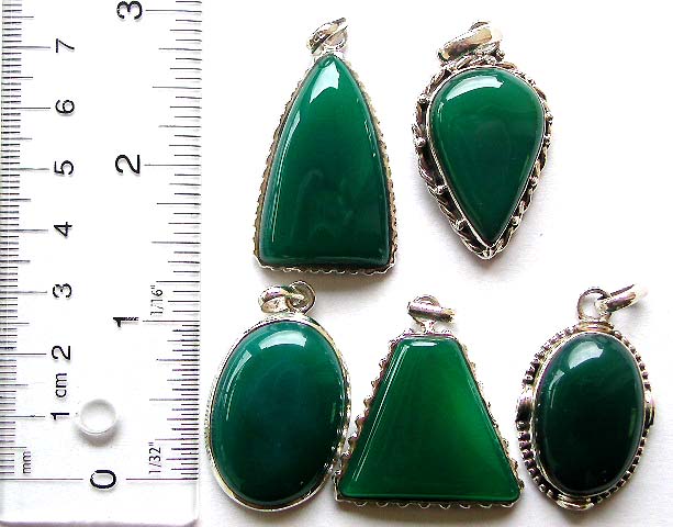 Sterling silver pendant with assorted geometrical design green agate stone