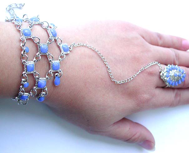 Gothic designs and chainmaille handflower slave bracelet with blue enamel flower ring       