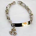 Long chain knot forming fashion bracelet with metal strip holding two feet pattern decor at center