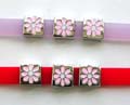 Fashion bracelet in assorted color plastic band design with 3 pinkish daisy flower decor square metal pattern at center, assorted color randomly pick 