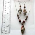 Fashion necklace and earring set with wooden beads chain holding a black spiral, olive shape seashell pendant