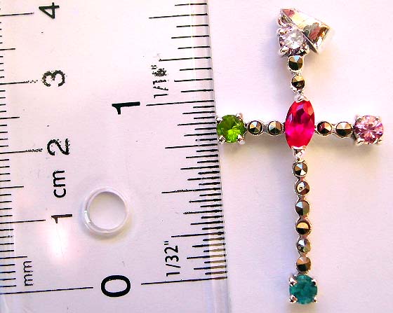 Religious trend, Sterling silver cross pendant with multi marcasite stone embedded along and a piece of color cz stone on each corner and center  