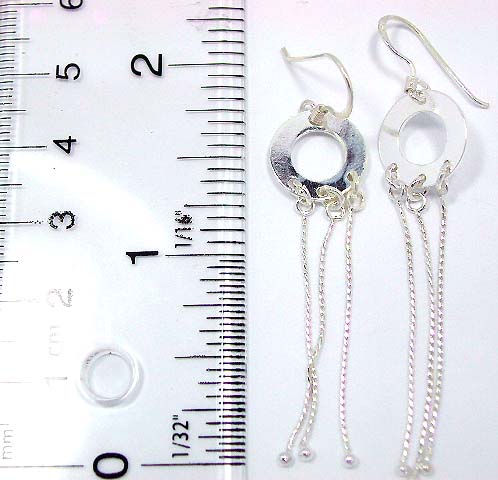 Circular pattern design sterling silver hook earring with 3 mini dangle strings