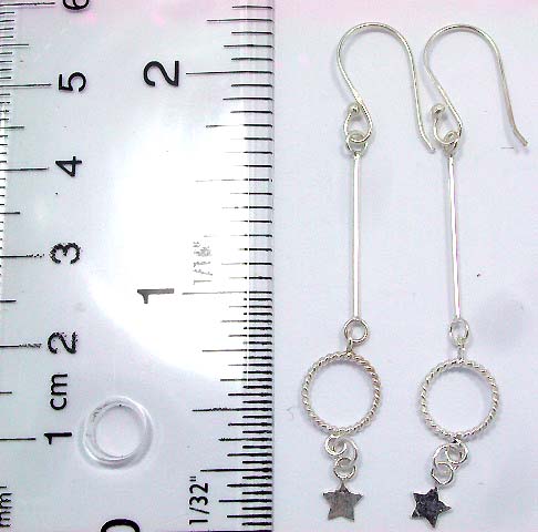 Long strip sterling silver earring with circle pattern a mini star on bottom
