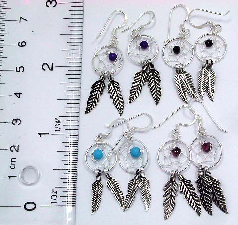 Southwestern jewelry wholesale beaded dream catcher sterling silver earring with double leaf pattern on bottom