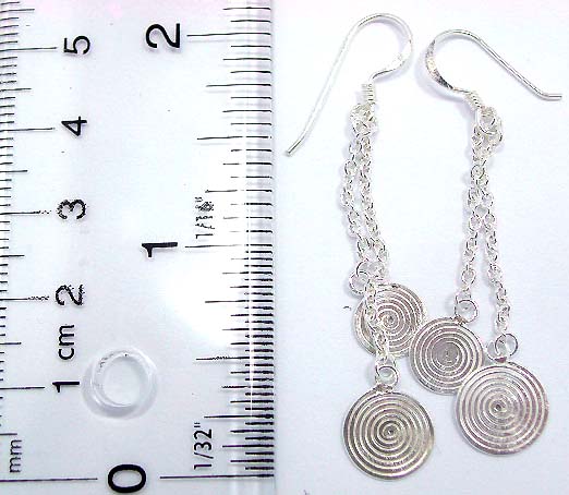 Sterling silver earring with double chain holding spiral pattern decor