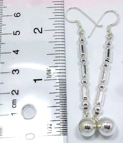 Sterling silver earring with beaded strip holding a pearl bead on bottom   