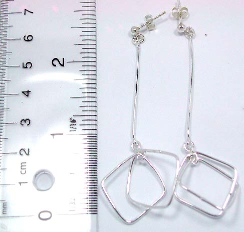 Sterling silver stud earring with long strip holding cross-in double diamond shape pattern on bottom   