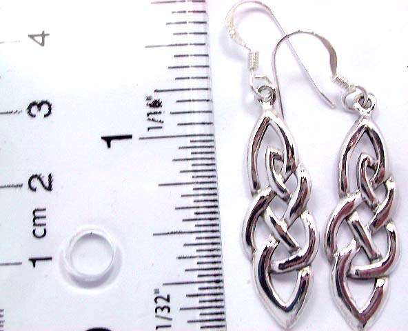 Fish hook sterling silver earring in Celtic knot work pattern design with sharp top and bottom      