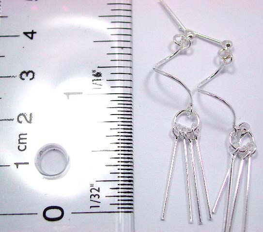Sterling silver stud earring with a wavy strip holding four dangles on bottom        