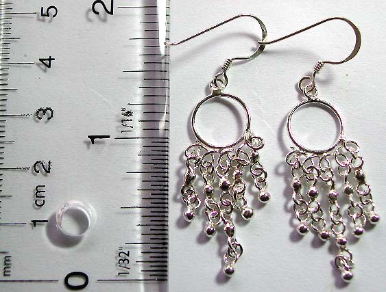 Chandelier earring made of solid 925. sterling silver with circle pattern holding 5 beaded chain dangles on bottom        