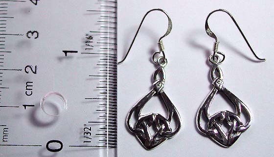 Sterling silver earring in carved-out Celtic floral knot work pattern design, with fish hook for convenience closure        