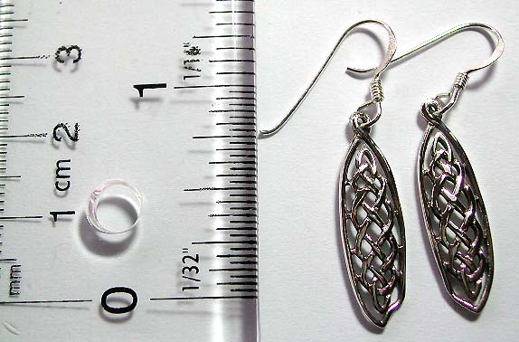 Sterling silver earring in long olive shape pattern design with carved-out Celtic knot work decor at center        