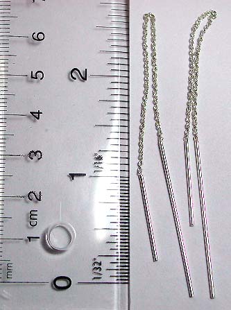 Sterling silver ear thread ( dangle string earring ) with long chain connected an uneven length strip on each end        