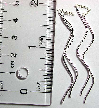 ear thread ( dangle string earring ) made of 925. sterling silver with mini chain holding a rounded triple wave strip on each side        