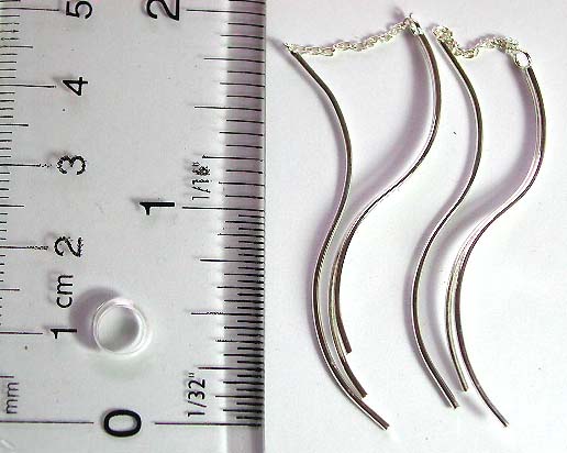 Sterling silver ear thread ( dangle string earring ) with mini chain holding a rounded wave strip on one side and double strip on the other        