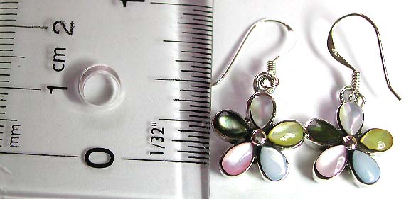 Sterling silver earring with 5 assorted color seashell stone embedded flower pattern design, fish hook back        