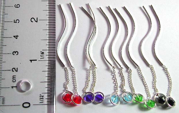 Sterling silver ear thread ( dangle string earring ) in wave strip design with mini chain holding a color bead on bottom, assorted color randomly pick        