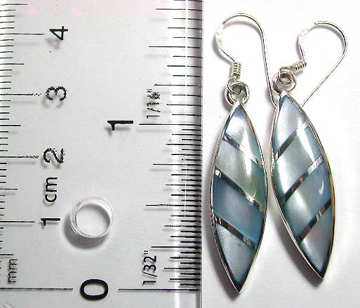 Sterling silver earring in olive shape pattern design with line decor, blue mother of pearl seashell