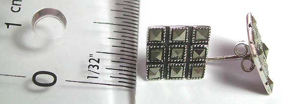 Sterling silver stud earring with 9 mini marcasite stones embedded square pattern