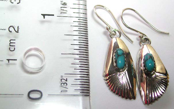 Sterling silver earring in fan shape pattern design with a mini genuine blue turquoise stone 