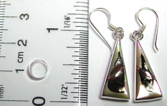 Sterling silver earring in triangle pattern design with line decor, brown spotted seashell stone