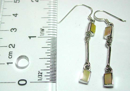 Genuine seashell embedded rectangle design sterling silver earring with strip holding another yellow seashell stone 