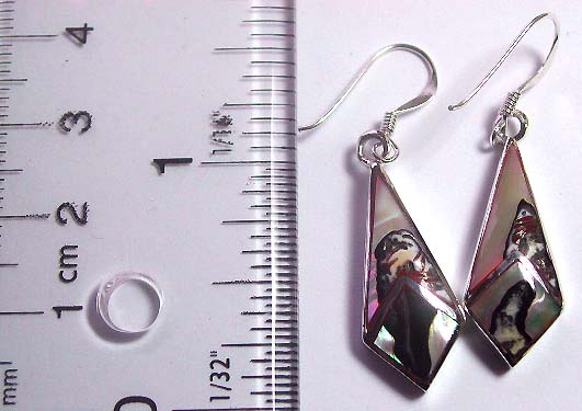 Sterling silver fish hook earring in geometrical design with line decor, black spotted genuine seashell stone
