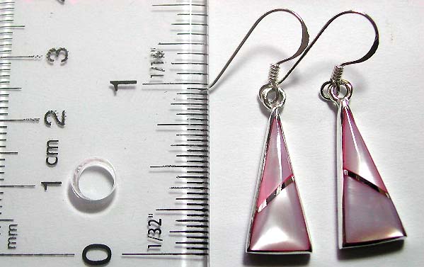 925. sterling silver earring in triangle pattern design with a single line decor, pinkish mother of pearl seashell