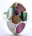 Sterling silver ring with 6 irregular shape assorted seashell stone inlay oval shape pattern decor at center
