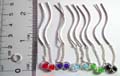 Sterling silver ear hanger in wave strip design with mini chain holding a color bead on bottom, assorted color randomly pick