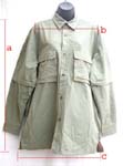 Army green man's coat jacket; web inside layer; button-up front closure; two stick-up chest pockets;hidden zipper-up pocket on each arm