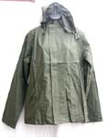 Army green unisex one layer coat jacket with removable hat; hidden zipper-up front closure; drawstring on hat; two hip pockets included