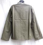 Army green unisex one layer coat jacket; hidden zipper-up front closure; stick-up neck; two hip pockets included