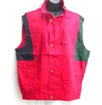 Color block unisex jacket with no sleeve; zipper button front closure; drawstring on neck; two hip pockets