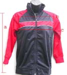 Unisex black or red sporty jacket; zipper front closure; white strip highlight color strap on chest