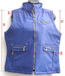 Blue imitation leather cotton jacket for both male and female; zipper-up front closure; one zipper chest pocket on left; two zipper stick-up hip pockets