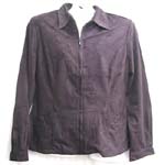 Black zipper-up polyester jacket with collar; Long sleeve with button-up cuffs; two hip pockets 