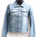 Rinse blue lady's jean jacket; sparkling button front closure; button on cuffs; slim design; two mini chest pockets