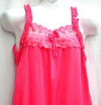One piece through pajama skirt in light deep pink color; no sleeve; butterfly straps along arm cuffs; lace butterly knot front decor with 1/2" elastic back