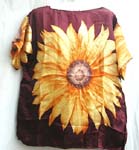 Over size lady's shirt top cover with huge yellow sun flower pattern central decor, short sleeve; wide open neck