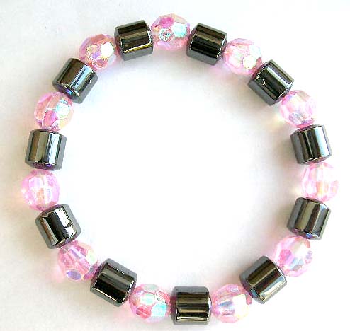 wholesale costume jewelry fashion chunky stretch bracelet with hematite beads and pinkish facet beads