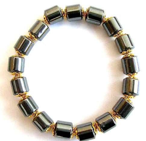 wholesale fashion jewelry - hematite stretchy bracelet with multi golden bead caps decor short cylinder shape hematite beads      