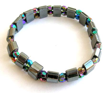 Fashion hematite stretchy bracelet with multi hematite curve beads and double round shape blue facet beads inlaid         