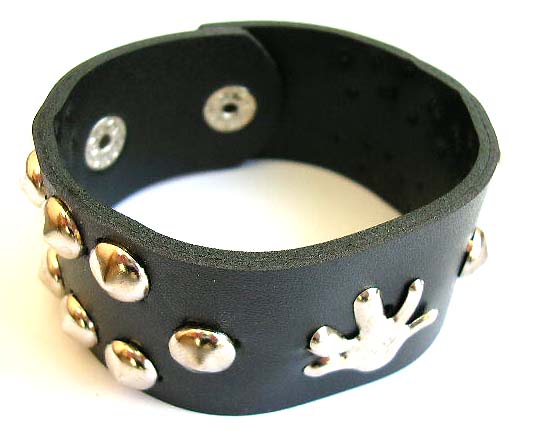 Fashion bracelet in black wide imitation leather band design with multi rounded button decor  