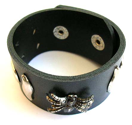 Fashion bracelet in black wide imitation leather band design with multi curvy button decor  